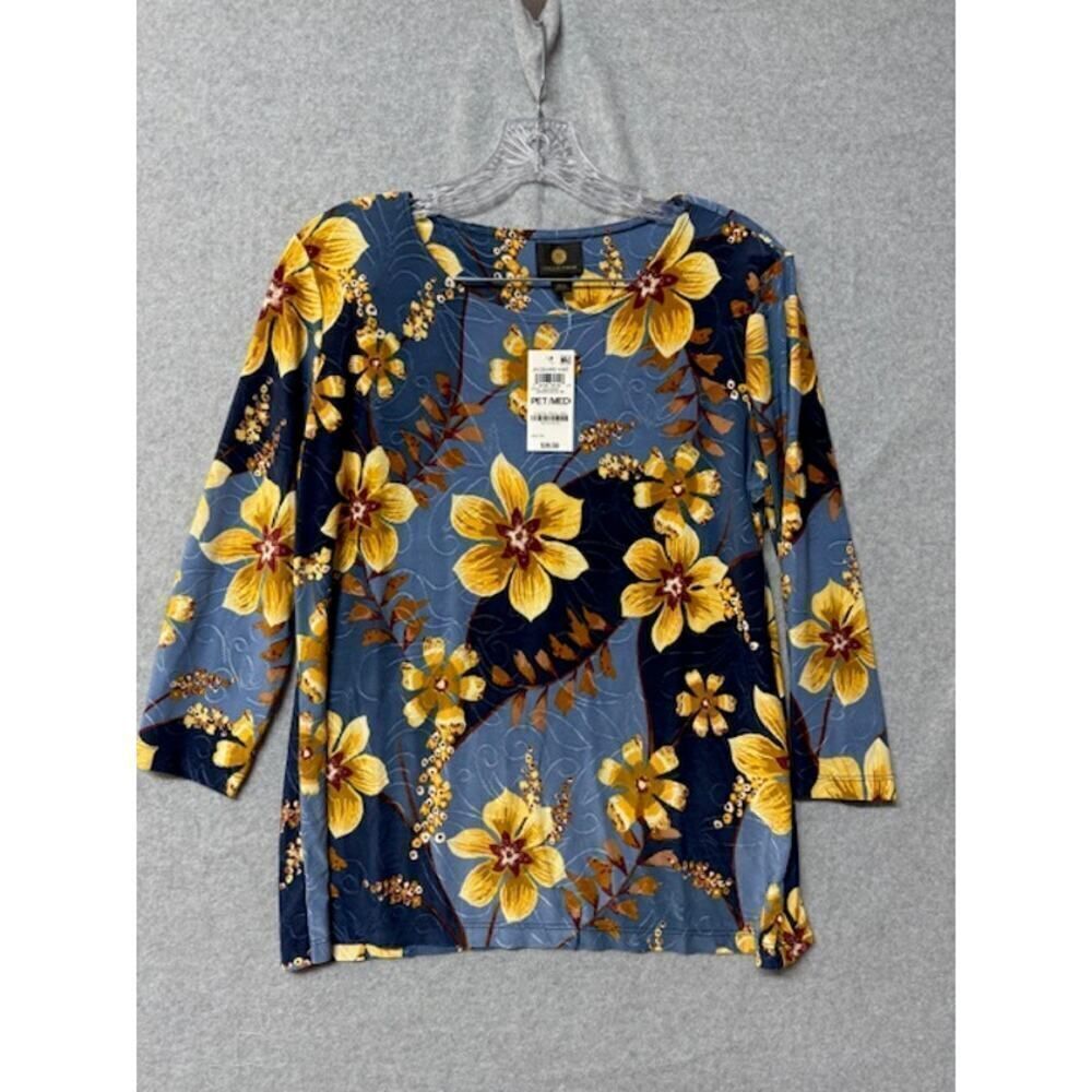 JM Collection Women’s Floral Print 3/4 Sleeve Top Blouse Blue PM New